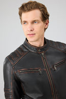 Leonard Men's Brown Vintage Slim-Fit Leather Jacket | Derimod Leonard Men's Brown Vintage Slim-Fit Leather Jacket | Derimod