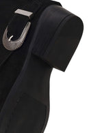 Woman Black Buckled Short Thick-Heeled Suede Boot | Derimod Woman Black Buckled Short Thick-Heeled Suede Boot | Derimod