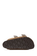 Women's Mink Double Buckled Leather Slippers | Derimod Women's Mink Double Buckled Leather Slippers | Derimod