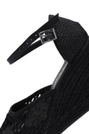 Women's Black Ankle Strap Patterned Wedge Heel Espadrilles | Derimod Women's Black Ankle Strap Patterned Wedge Heel Espadrilles | Derimod