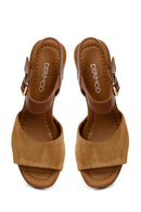 Woman Tan Ankle-Buckle Platform High Thick-Heeled Suede Sandal | Derimod Woman Tan Ankle-Buckle Platform High Thick-Heeled Suede Sandal | Derimod