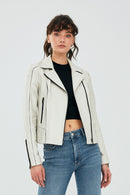 Kiara Kadın Bej Slim-Fit Biker Deri Ceket | Derimod Kiara Kadın Bej Slim-Fit Biker Deri Ceket | Derimod