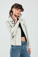 Kiara Kadın Bej Slim-Fit Biker Deri Ceket | Derimod Kiara Kadın Bej Slim-Fit Biker Deri Ceket | Derimod