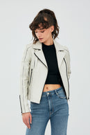 Kiara Kadın Bej Slim-Fit Biker Deri Ceket | Derimod Kiara Kadın Bej Slim-Fit Biker Deri Ceket | Derimod