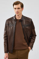 Kawhi Men's Brown Slim-Fit Embroidered Leather Coat | Derimod Kawhi Men's Brown Slim-Fit Embroidered Leather Coat | Derimod