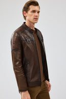 Kawhi Men's Brown Slim-Fit Embroidered Leather Coat | Derimod Kawhi Men's Brown Slim-Fit Embroidered Leather Coat | Derimod