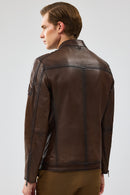 Kawhi Men's Brown Slim-Fit Embroidered Leather Coat | Derimod Kawhi Men's Brown Slim-Fit Embroidered Leather Coat | Derimod