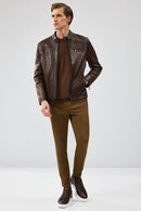 Kawhi Men's Brown Slim-Fit Embroidered Leather Coat | Derimod Kawhi Men's Brown Slim-Fit Embroidered Leather Coat | Derimod