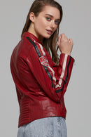 Ladyracer Kadın Kırmızı Armalı Spor Deri Mont | Derimod Ladyracer Kadın Kırmızı Armalı Spor Deri Mont | Derimod