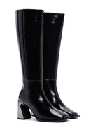 Women's Black Thick Heeled Zippered Patent Leather Boots | Derimod Women's Black Thick Heeled Zippered Patent Leather Boots | Derimod