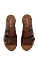 Women's Brown Thick Sole Buckle Leather Slippers | Derimod Women's Brown Thick Sole Buckle Leather Slippers | Derimod