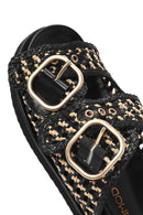 Women's Black Double Buckle Straw Leather Slippers | Derimod Women's Black Double Buckle Straw Leather Slippers | Derimod