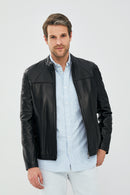 Neymar Men's Black Slim-Fit Short Leather Jacket | Derimod Neymar Men's Black Slim-Fit Short Leather Jacket | Derimod