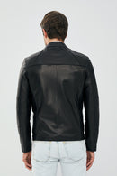 Neymar Men's Black Slim-Fit Short Leather Jacket | Derimod Neymar Men's Black Slim-Fit Short Leather Jacket | Derimod