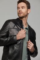 Neymar Men's Black Slim-Fit Short Leather Jacket | Derimod Neymar Men's Black Slim-Fit Short Leather Jacket | Derimod