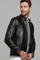 Neymar Men's Black Slim-Fit Short Leather Jacket | Derimod Neymar Men's Black Slim-Fit Short Leather Jacket | Derimod
