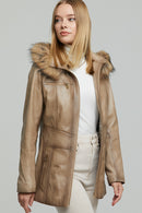 Rachel Women's Sand Hooded Fur Leather Coat | Derimod Rachel Women's Sand Hooded Fur Leather Coat | Derimod