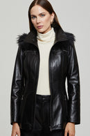 Rachel Women's Black Hooded Fur Leather Coat | Derimod Rachel Women's Black Hooded Fur Leather Coat | Derimod