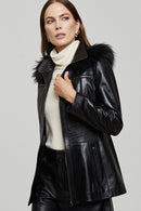 Rachel Women's Black Hooded Fur Leather Coat | Derimod Rachel Women's Black Hooded Fur Leather Coat | Derimod