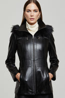 Rachel Women's Black Hooded Fur Leather Coat | Derimod Rachel Women's Black Hooded Fur Leather Coat | Derimod