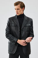 Kevin Men's Black Blazer Leather Jacket | Derimod Kevin Men's Black Blazer Leather Jacket | Derimod