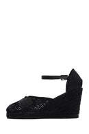 Women's Black Ankle Strap Patterned Wedge Heel Espadrilles | Derimod Women's Black Ankle Strap Patterned Wedge Heel Espadrilles | Derimod