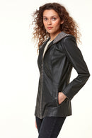 Pamela Kadın Siyah Kapüşonlu Uzun Deri Ceket | Derimod Pamela Kadın Siyah Kapüşonlu Uzun Deri Ceket | Derimod