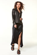 Cindy Kadın Siyah Biker Streç-Fit Deri Ceket | Derimod Cindy Kadın Siyah Biker Streç-Fit Deri Ceket | Derimod