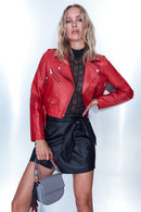 Star Kadın Kırmızı Kısa Deri Biker Ceket | Derimod Star Kadın Kırmızı Kısa Deri Biker Ceket | Derimod