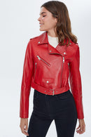 Star Kadın Kırmızı Kısa Deri Biker Ceket | Derimod Star Kadın Kırmızı Kısa Deri Biker Ceket | Derimod