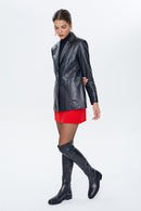 Barbara Women's Black Long Leather Jacket | Derimod Barbara Women's Black Long Leather Jacket | Derimod