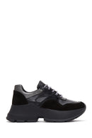 Women's Black Leather Suede Detailed Thick Soled Sneaker | Derimod Women's Black Leather Suede Detailed Thick Soled Sneaker | Derimod