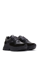 Women's Black Leather Suede Detailed Thick Soled Sneaker | Derimod Women's Black Leather Suede Detailed Thick Soled Sneaker | Derimod