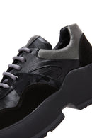 Women's Black Leather Suede Detailed Thick Soled Sneaker | Derimod Women's Black Leather Suede Detailed Thick Soled Sneaker | Derimod