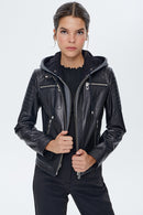 Zoom Women's Black Hooded Sports Leather Jacket | Derimod Zoom Women's Black Hooded Sports Leather Jacket | Derimod