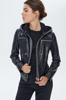 Zoom Women's Black Hooded Sports Leather Jacket | Derimod Zoom Women's Black Hooded Sports Leather Jacket | Derimod