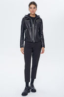 Zoom Women's Black Hooded Sports Leather Jacket | Derimod Zoom Women's Black Hooded Sports Leather Jacket | Derimod