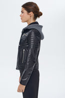 Zoom Women's Black Hooded Sports Leather Jacket | Derimod Zoom Women's Black Hooded Sports Leather Jacket | Derimod
