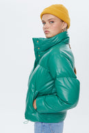 Barcelona Women's Green Puffer Leather Coat | Derimod Barcelona Women's Green Puffer Leather Coat | Derimod