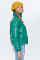 Barcelona Women's Green Puffer Leather Coat | Derimod Barcelona Women's Green Puffer Leather Coat | Derimod