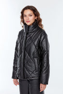 Madrid Women's Black Puffer Leather Jacket | Derimod Madrid Women's Black Puffer Leather Jacket | Derimod