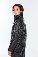 Madrid Women's Black Puffer Leather Jacket | Derimod Madrid Women's Black Puffer Leather Jacket | Derimod