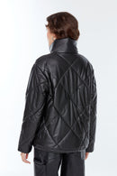 Madrid Women's Black Puffer Leather Jacket | Derimod Madrid Women's Black Puffer Leather Jacket | Derimod