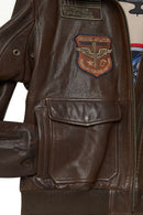 Top Gun Women's Brown Embroidered Leather Pilot Coat with Fur Collar | Derimod Top Gun Women's Brown Embroidered Leather Pilot Coat with Fur Collar | Derimod