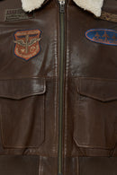 Top Gun Women's Brown Embroidered Leather Pilot Coat with Fur Collar | Derimod Top Gun Women's Brown Embroidered Leather Pilot Coat with Fur Collar | Derimod