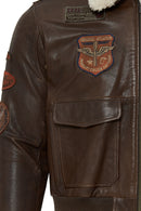 Top Gun Women's Brown Embroidered Leather Pilot Coat with Fur Collar | Derimod Top Gun Women's Brown Embroidered Leather Pilot Coat with Fur Collar | Derimod