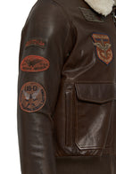 Top Gun Women's Brown Embroidered Leather Pilot Coat with Fur Collar | Derimod Top Gun Women's Brown Embroidered Leather Pilot Coat with Fur Collar | Derimod