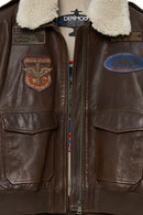 Top Gun Women's Brown Embroidered Leather Pilot Coat with Fur Collar | Derimod Top Gun Women's Brown Embroidered Leather Pilot Coat with Fur Collar | Derimod