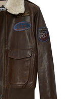 Top Gun Women's Brown Embroidered Leather Pilot Coat with Fur Collar | Derimod Top Gun Women's Brown Embroidered Leather Pilot Coat with Fur Collar | Derimod