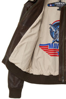 Top Gun Women's Brown Embroidered Leather Pilot Coat with Fur Collar | Derimod Top Gun Women's Brown Embroidered Leather Pilot Coat with Fur Collar | Derimod